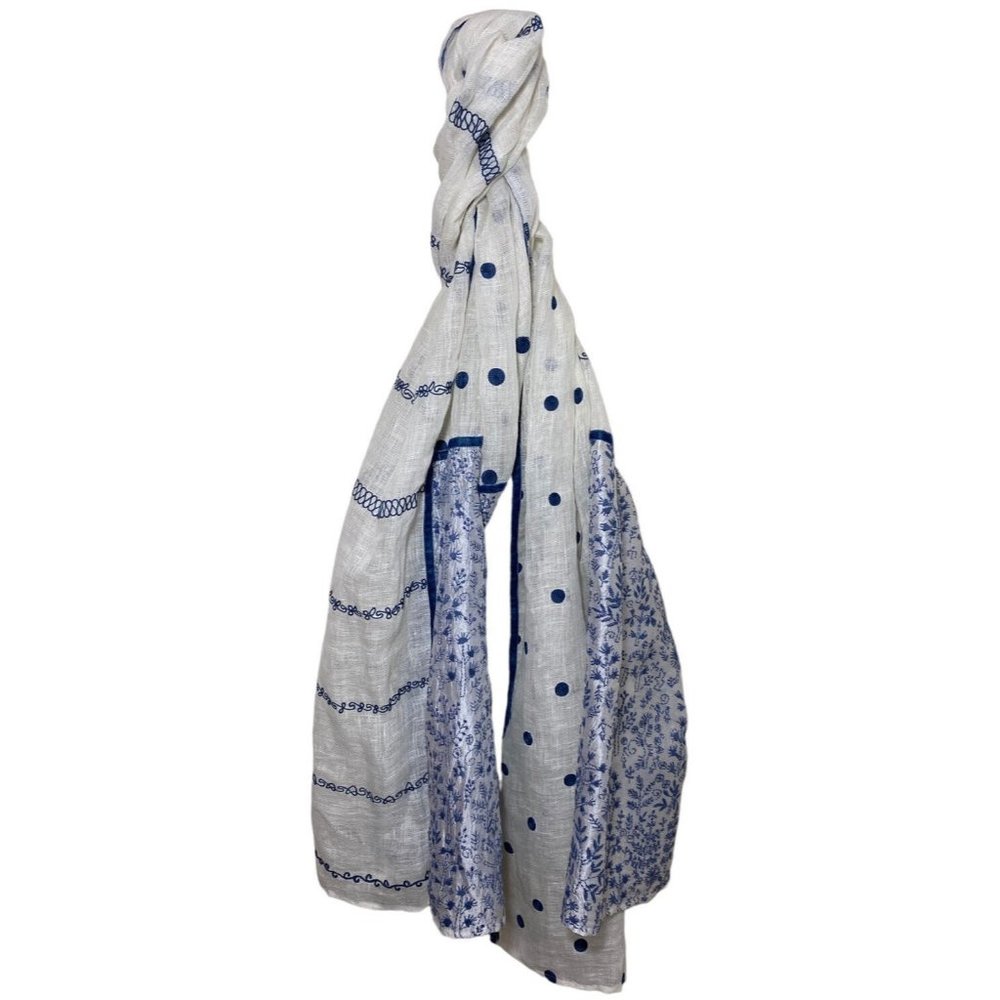 Clever Carriage Company Scarf Wrap 78” x 40” Blue Embroidered Polka‎ Dot